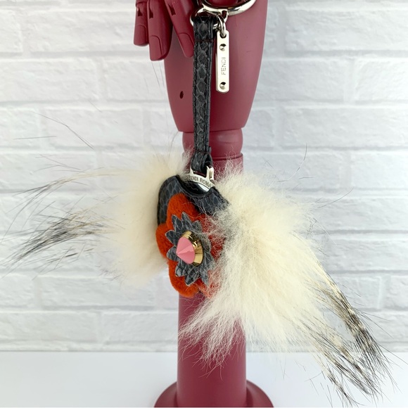 Authentic FENDI Mirror Floral Python Skin Leather Fur Bag Bug Charm - Picture 5 of 16